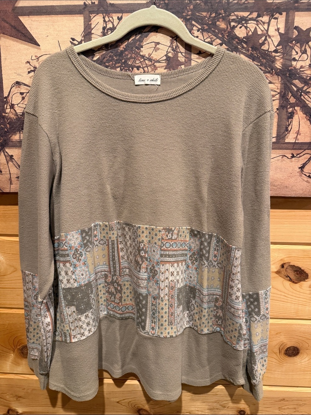 Live a Little Taupe Patchwork-Trim Knit Pullover. Xl